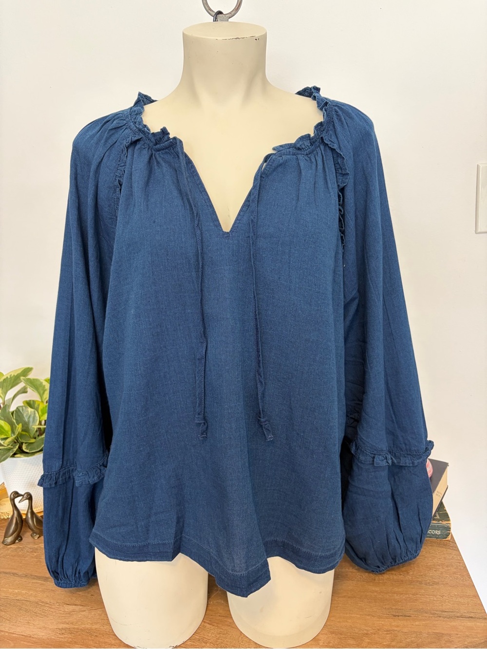 NWT Blue Cotton Ruffle Peasant Blouse XL